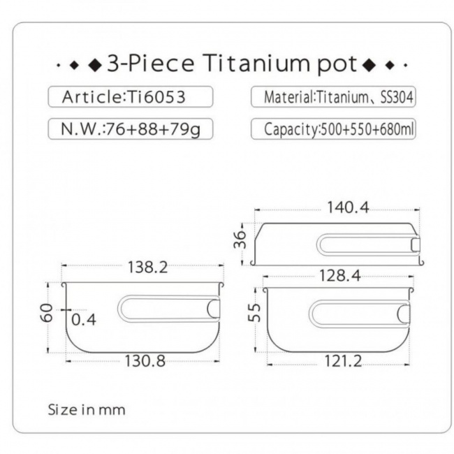 Набор посуды GORAA 3-Piece Titanium Pot and Pan Cook Set